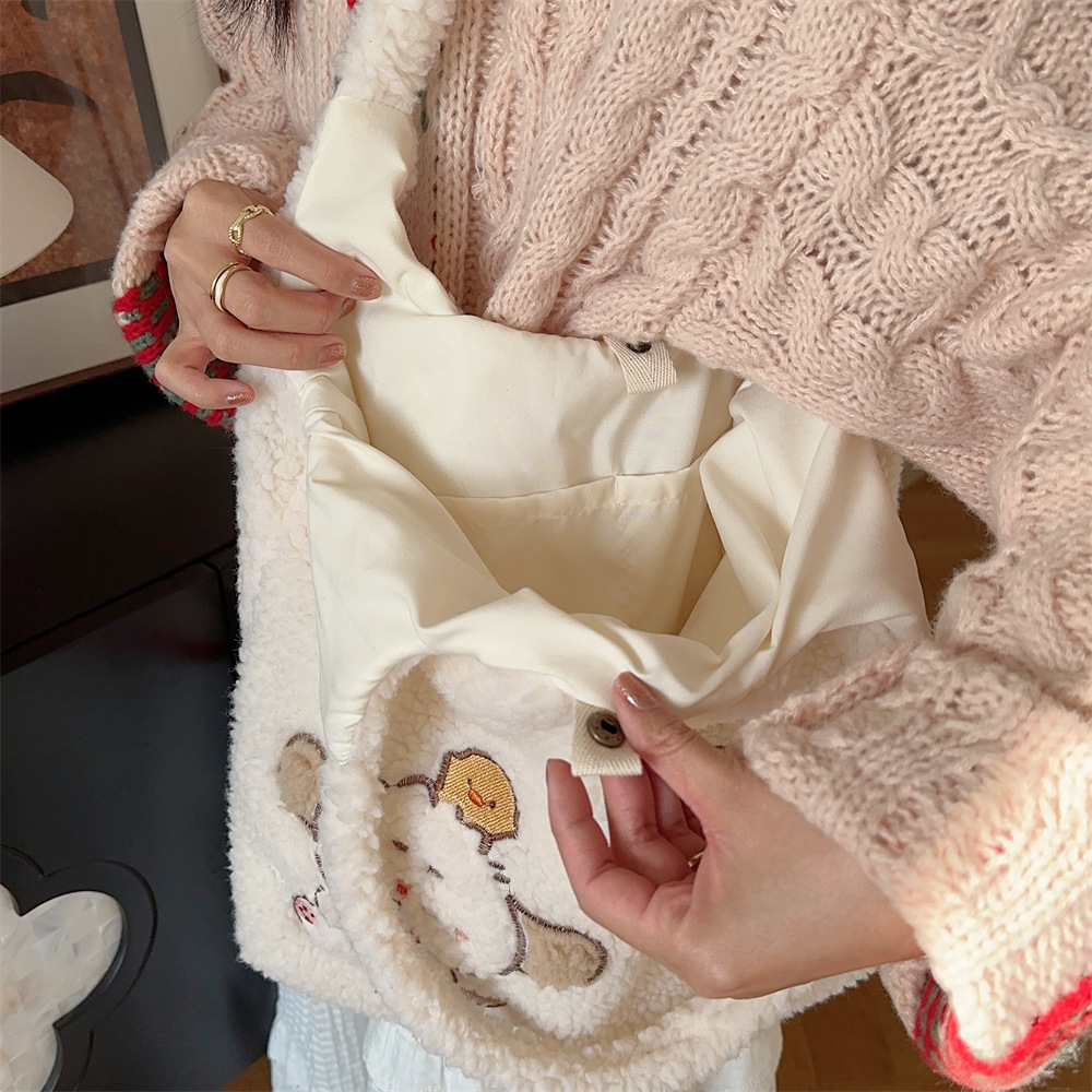 312201 Korean version ins Autumn/Winter Collection, fluffy single-shoulder bag, cute female dog embroidered large capacity tote bag undefined