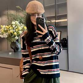 初秋女装套头针织衫条纹设计感松弛慵懒新款宽松长袖毛衣t恤上衣