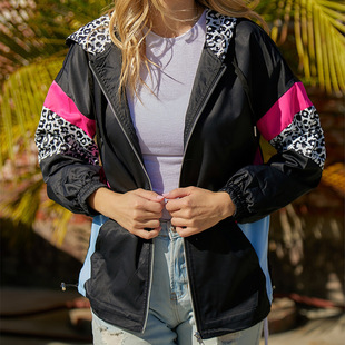 Shiying Black Leopard Color-block Hooded Jacket Women's European and American Cross-border Pocket Zipper Cardigan Jacket 8512617