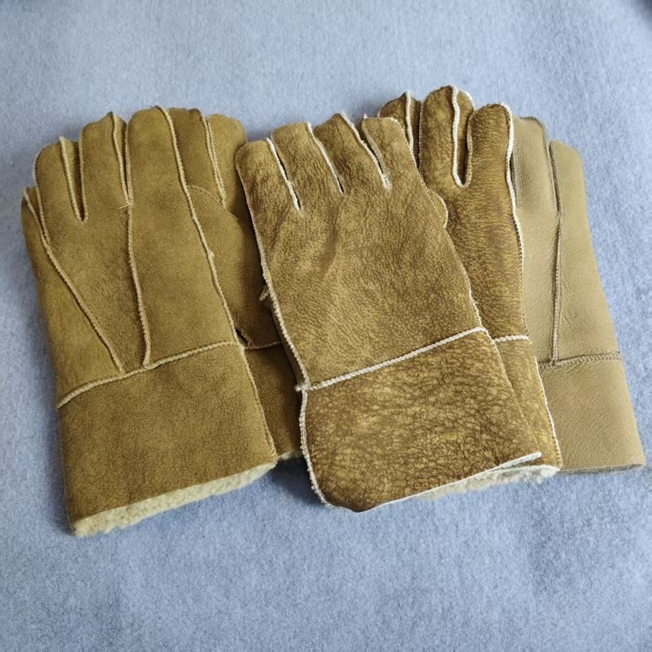 真羊皮毛一体手套磨砂皮面户外骑车手套男士加厚冬季分指手套