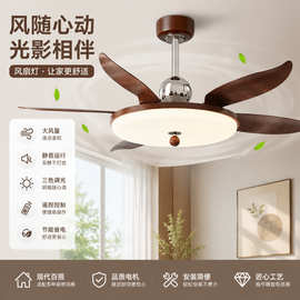 中古风胡桃木直叶风扇灯家用客厅吊扇灯变频遥控一体灯具源头厂家
