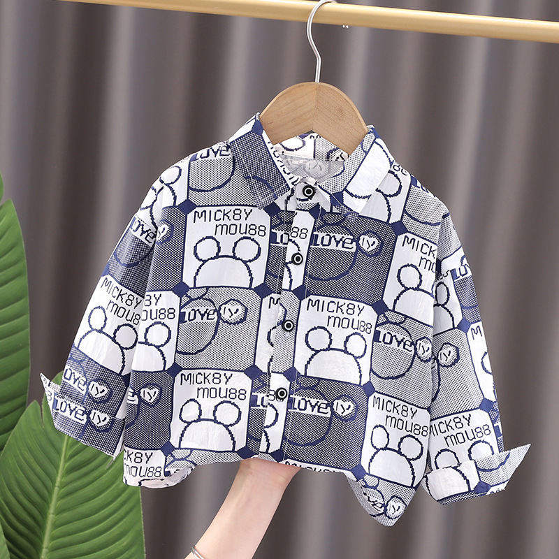 2025新款男童洋气潮童韩范衬衫卡通小童春秋上衣外套拼色薄款长袖