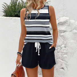 灰黑条纹无袖背心黑色抽绳短裤两件套休闲运动套装女