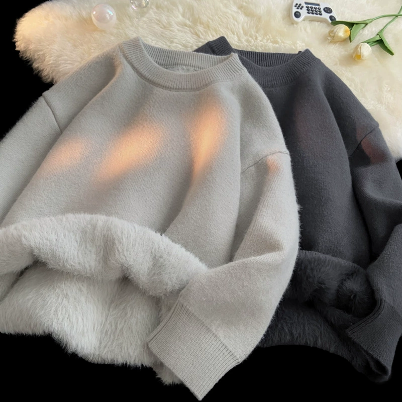 2024 Осень и зима Новый гонконгский ветер плюс бархатный рукав свитер с круглым вырезом