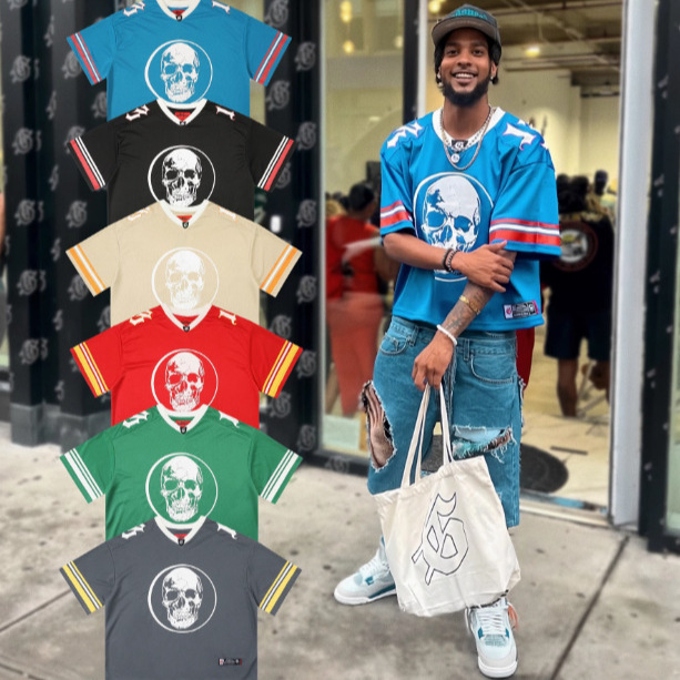 Godspeed Trendy Cross-Border Skull Pattern White Ink Oversized Loose Mesh V-Neck Short-Sleeve Jersey Quick-Dry T-Shirt