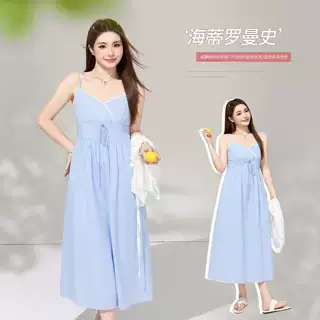 韩系高腰A字浪漫格纹吊带裙夏季胖mm大码女装收腰显瘦连衣裙66230