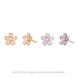 s925纯银外贸饰品创意个性日系樱花款耳钉小清新可爱粉色花朵耳饰