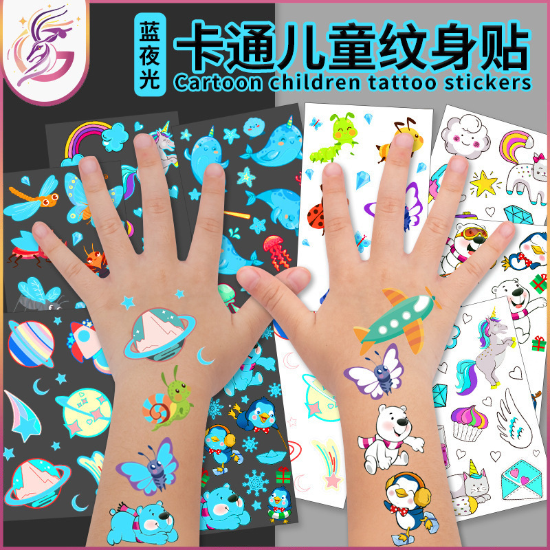 Cartoon blue luminous tattoo stickers children waterproof cute dinosaur unicorn mermaid temporary tattoo stickers
