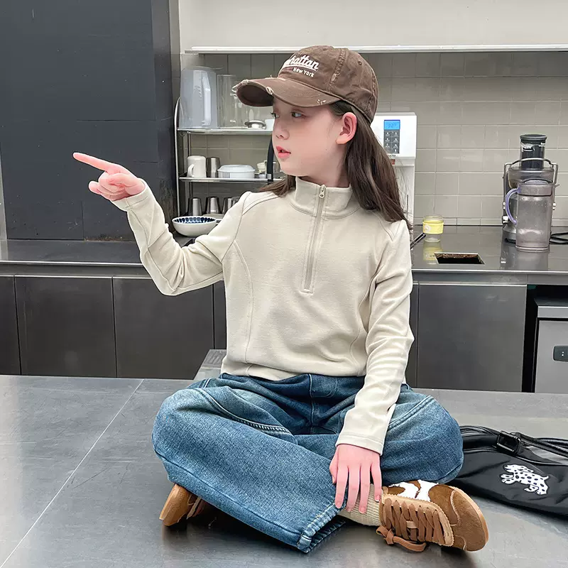 加厚女童高领拉链内搭打底衫大儿童洋气长袖t恤上衣2025冬装新款