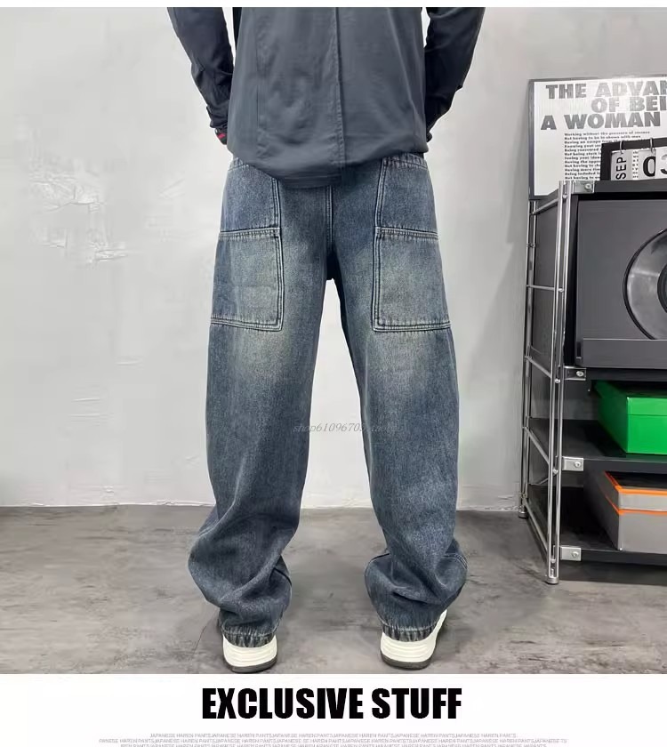 Men's High-Waisted Color-Block Jeans Blue & Black Loose Wide-Leg Straight Pants Hip Hop Style European American Trendy Brand_mkmklike.com