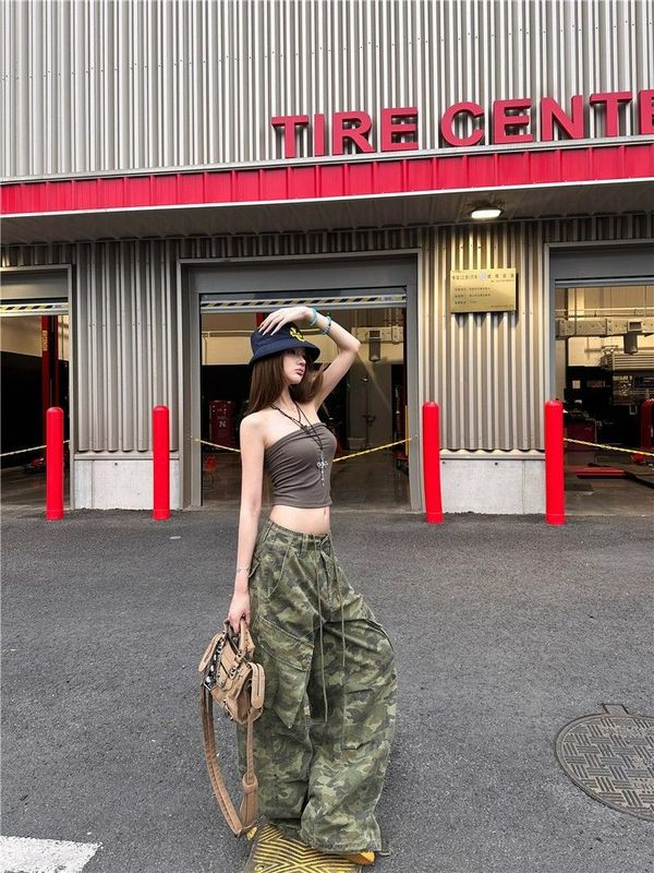辣妹迷彩潮酷阔腿工装裤女早秋新款美式复古抽绳拖地牛仔长裤|undefined