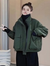 秋冬新款撞色双口袋棉衣休闲外穿小个子棉服宽松立领加厚外套女潮