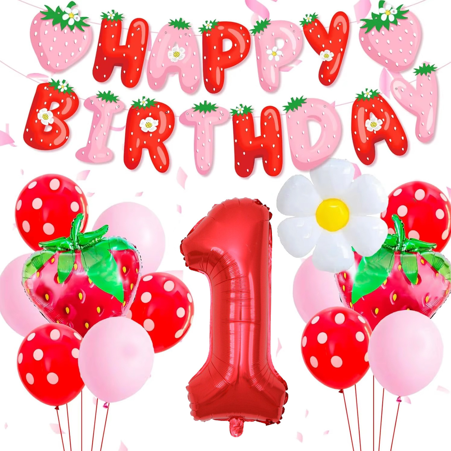 草莓主题铝膜气球套装宝宝周岁生日派对装饰数字拉旗场景布置用品