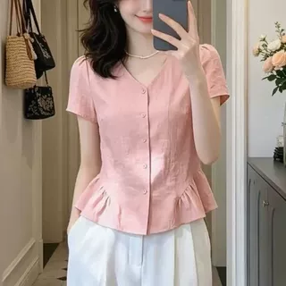 大码设计感荷叶边短袖衬衫女夏季新款胖妹妹修身显瘦百搭减龄上衣