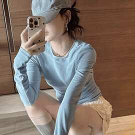 蓝色面膜长袖恤内搭打底衫女春秋季薄款圆领正肩修身纸片人上衣