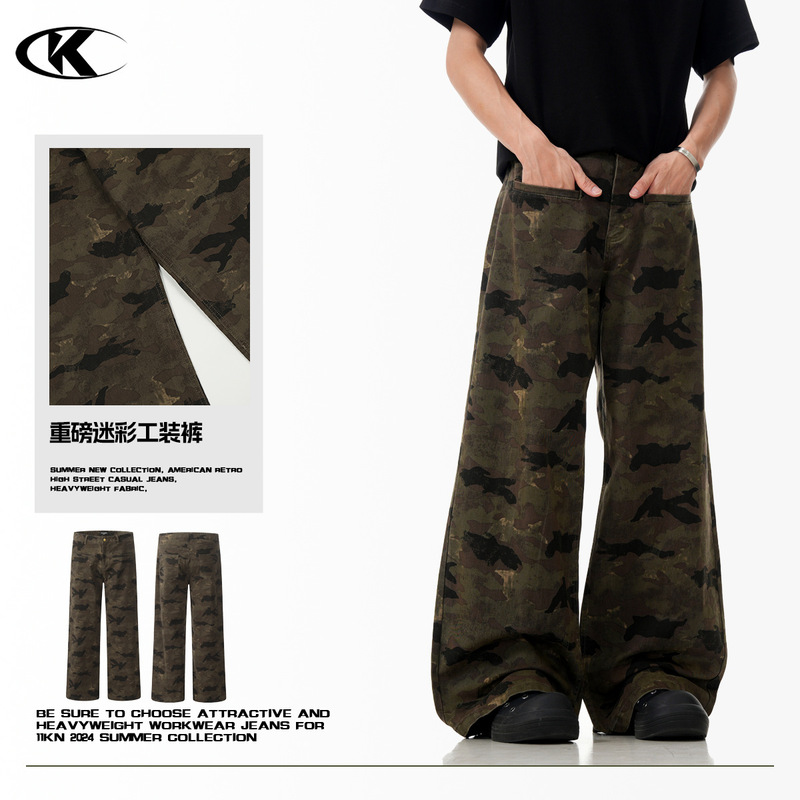11Kn American Military Camouflage Workwear Casual Pants for Men and Women Retro Trendy Stereo Wide-Leg Stacked Slim Straight Pants