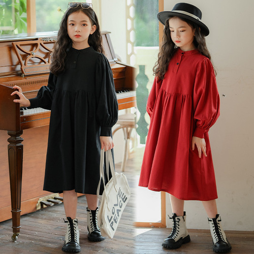 A drop-shipping girl's dress, spring and autumn new model, lantern sleeves for middle-aged and older children, mother-daughter parent-child wear, Korean style loose skirt