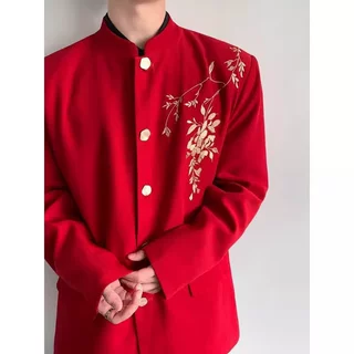 国风男装新中式中国风宽松翠竹西装外套男上衣复古高级感轻奢西装