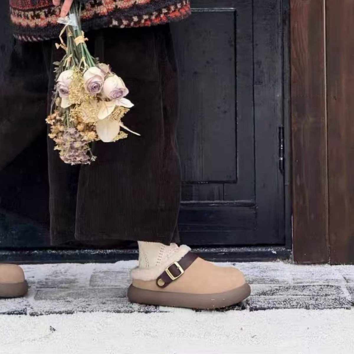 Zoccoli da donna foderati in pelliccia sintetica - Scarpe invernali slip-on con suola spessa, punta rotonda e interno in pile caldo per un comfort casual. Scarpe in cotone_voghion.com