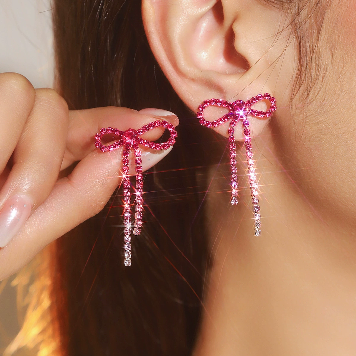 Серьги DINGKA бант с rhinestone, медь с серебряным покрытием, 4.4×2.7 см, 7.3 г