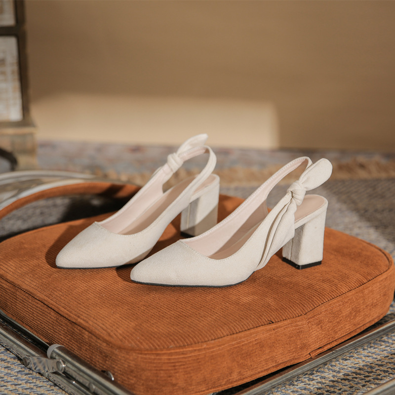 2024 New pointed toe chunky heel high heel shoes plus size plus size widened versatile back empty sandals black suede versatile