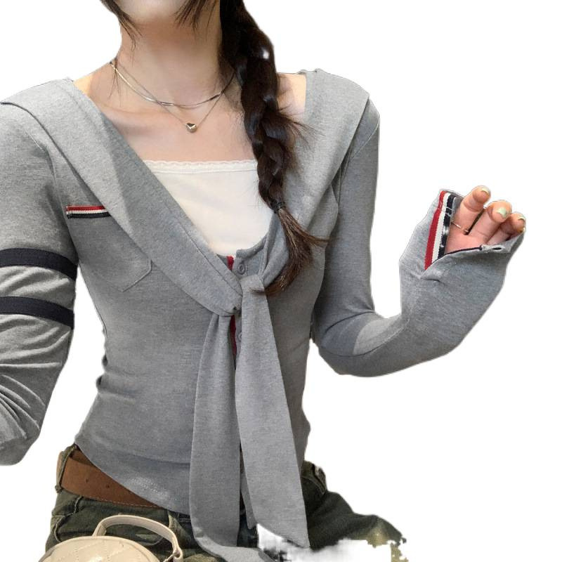 品牌同款韩系披肩V领长袖T恤女2025早秋新款修身显瘦独特设计感上|undefined