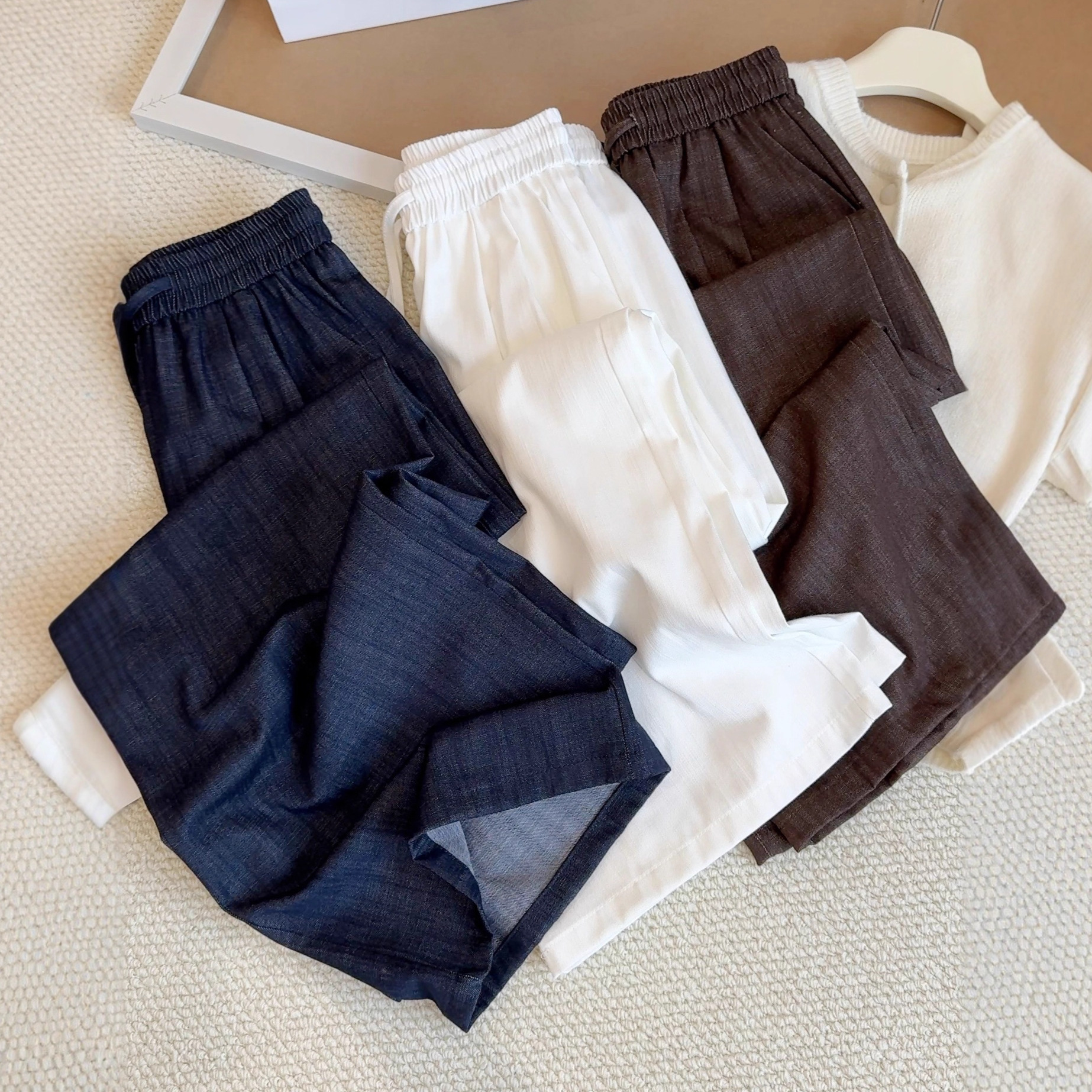 Quần jean ống rộng cạp cao dây rút cổ điển mùa hè cho nữ — màu xanh denim