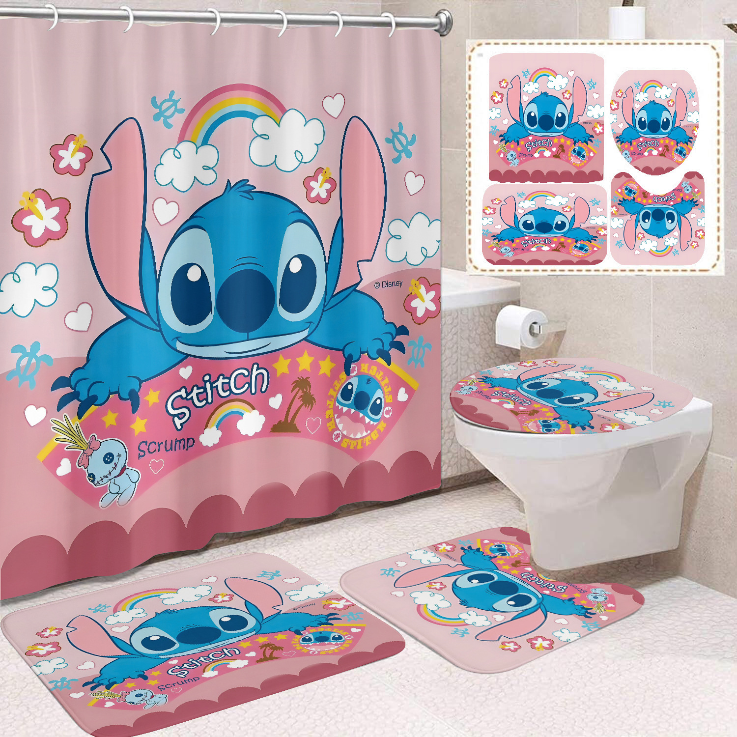 Venta directa de fábrica lindo baño de dibujos animados de cuatro piezas cortina de ducha impermeable cortina de ducha sin perforación cortina de partición de baño de baño