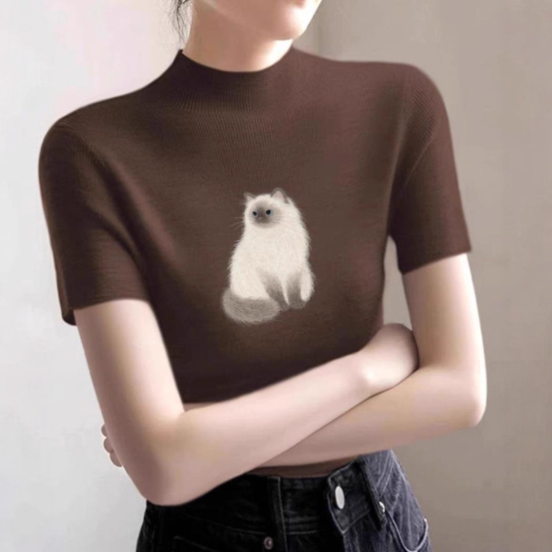 咖色半高领猫咪印花针织短袖t恤女2025新款早秋内搭外穿修身上衣|undefined