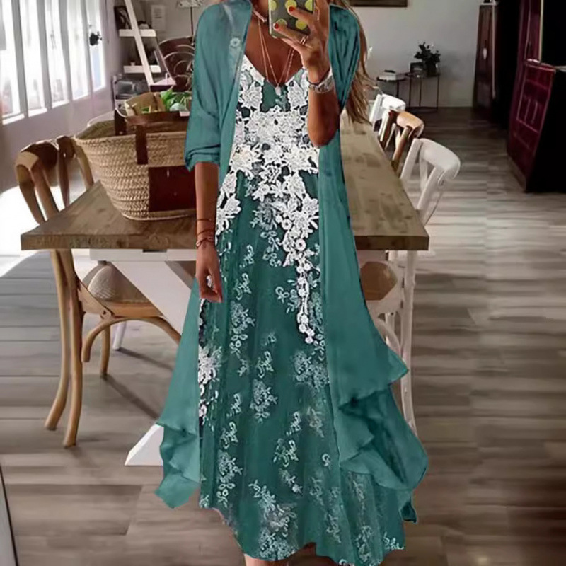 2026 Cross-border European and American Summer Women's Clothing Printed Vacation Strap Dress with Jacket Indian Style Flared Skirt Two-piece Set 2026 Cross-border European and American Summer Women's Clothing Printed Vacation Strap Dress with Jacket Indian Style Flared Skirt Two-piece Set
