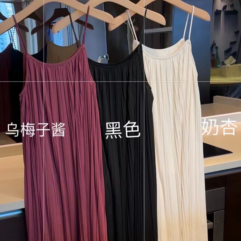 Summer 2024 New Style Sling dress Elegant Korean Style Simple Drape All-match Slimming Pleated Long Dress
