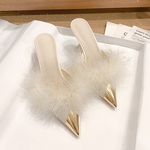 plus size Cross-border Baotou Half Slippers High Heel Sandals 2025 Spring and Summer New Outwear Suede Black Pointed Low Heel