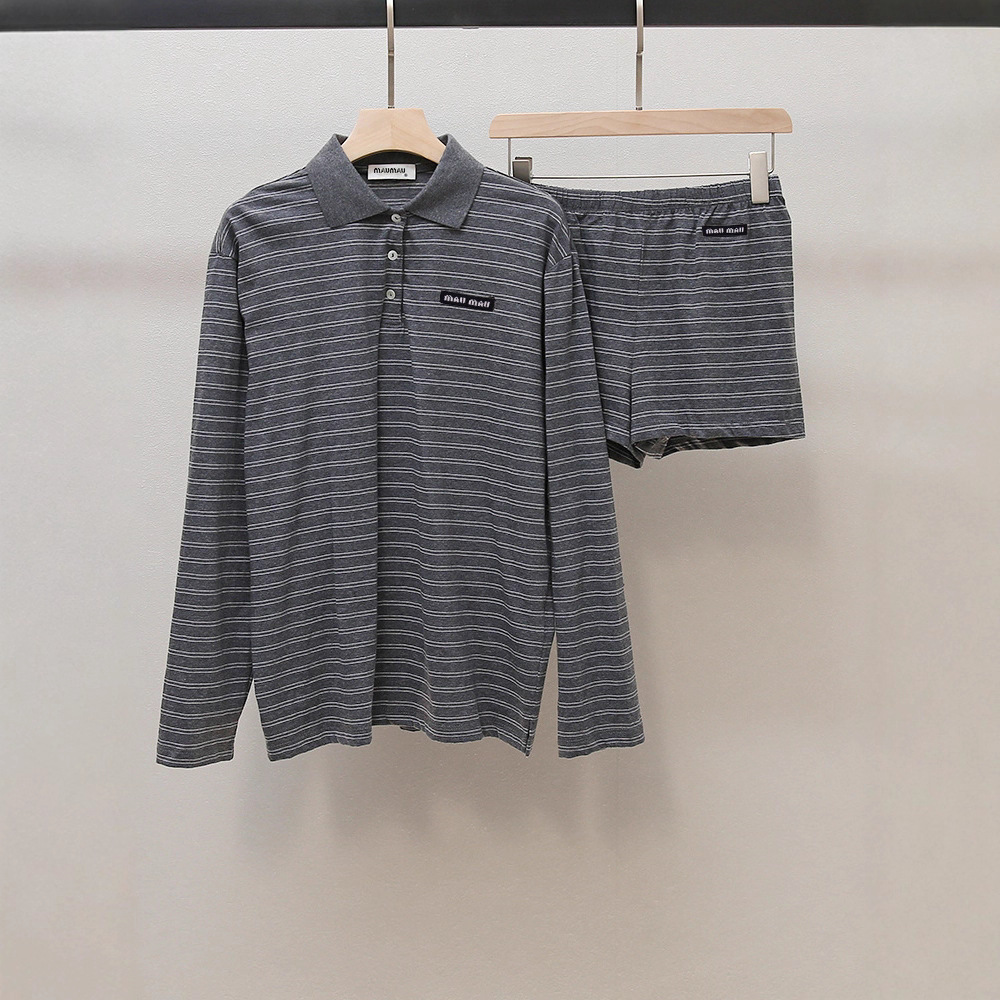 Shenzhen Nanyou Classy Women's Autum New Casual Sports Polo Lapel Long-Sleeved Top Short Stripesd Suit