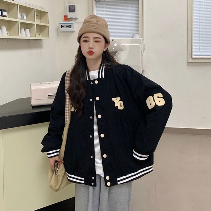 Harajuku style baseball uniform for women fleece-lined ins trendy 2022 new vintage retro American winter black coat Harajuku style baseball uniform for women fleece-lined ins trendy 2022 new vintage retro American winter black coat