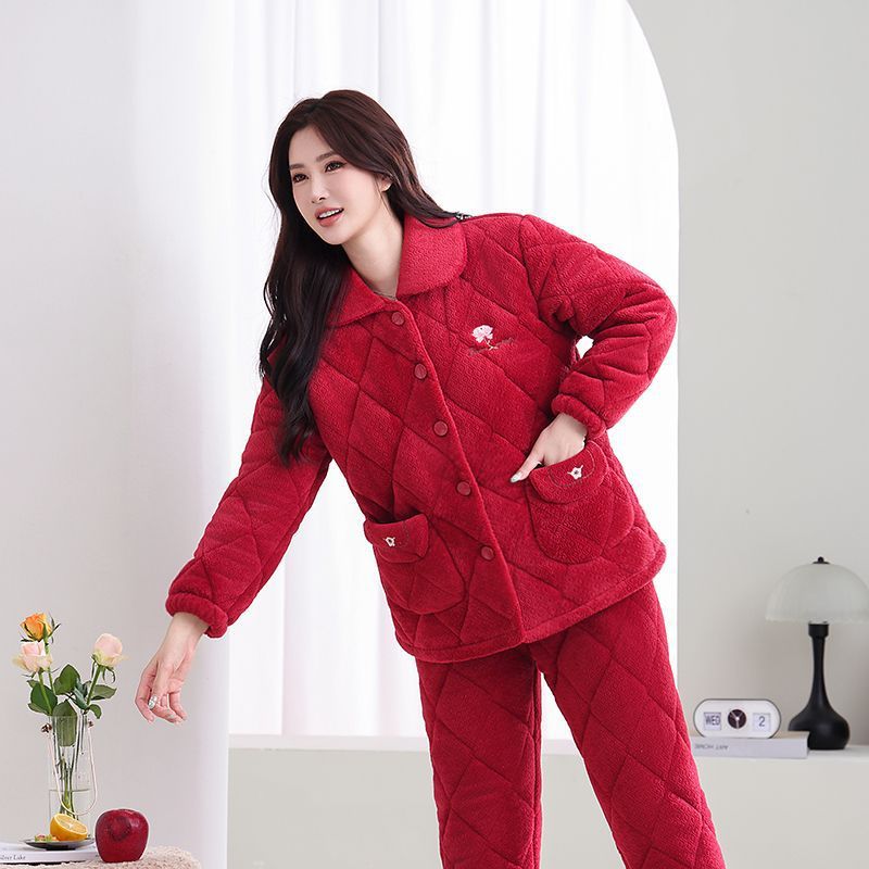 冬季睡衣女加厚保暖珊瑚绒三层夹棉中老年妈妈法兰绒家居服秋冬款