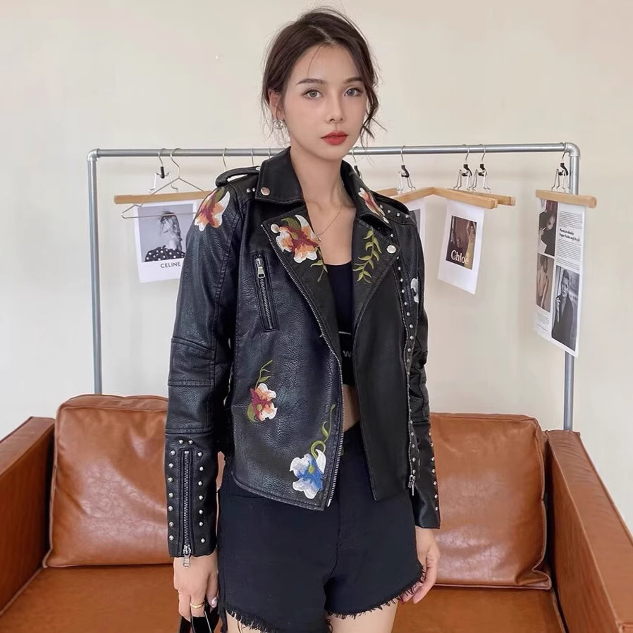 Nssf Homemade Cross-Border Export European and American Clothing Autumn and Winter New Embroidered Short Leather Jacket Slim Motorcycle Jacket