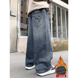 男童秋冬款牛仔裤2025新款大童冬季男孩一体加厚直筒儿童加绒裤子