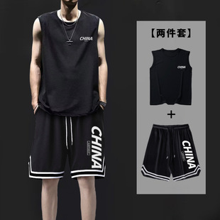 Summer Ice Silk Vest Men's Shorts Suit Waistcoat Quick-Drying Loose Large Size T-Shirt Sports Basketball Pants Two-Piece Set