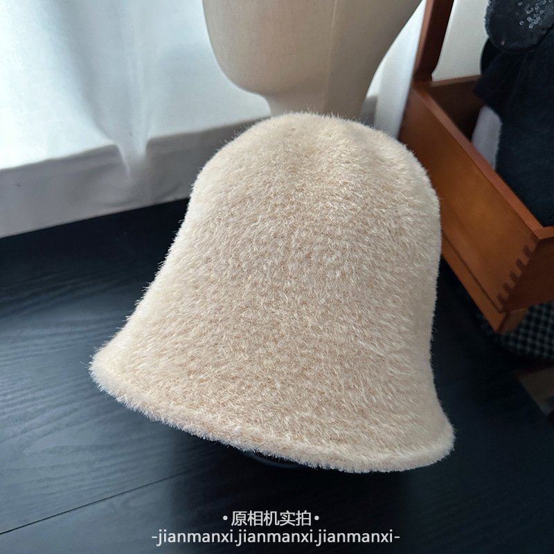 韩系纯色毛绒素颜渔夫帽子女秋冬氛围感百搭盆帽大头围保暖水桶帽|undefined