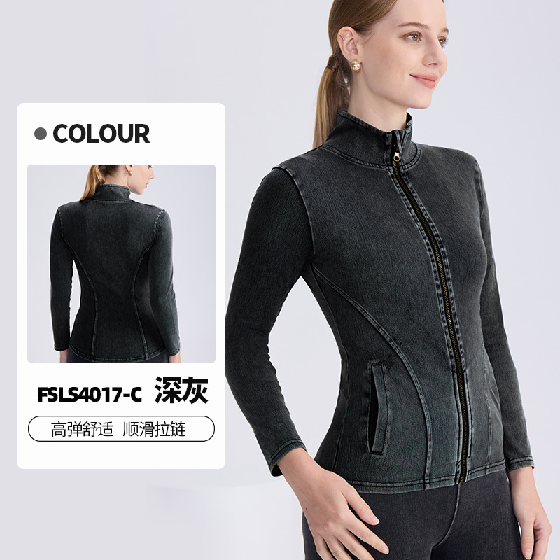 Nueva chaqueta de yoga de mezclilla con cremallera para otoño e invierno para mujer, cuello alto, ajuste delgado, ceñida, ropa deportiva con doble bolsillo, top deportivo