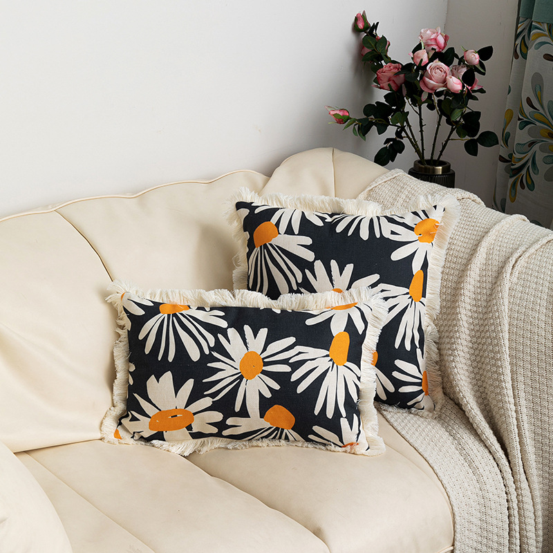 New Arrival Tassel Edge Decorative Plant Flower Cotton Linen Printed Pillowcase Home Decorative Sofa Cushion Cover_voghion.com