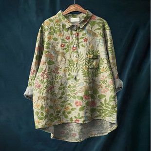 2025 in stock Foreign Trade New Printed Hawaiian Long-sleeved Cross-border Women's Long-sleeved Shirt Cotton and Linen plus size Top