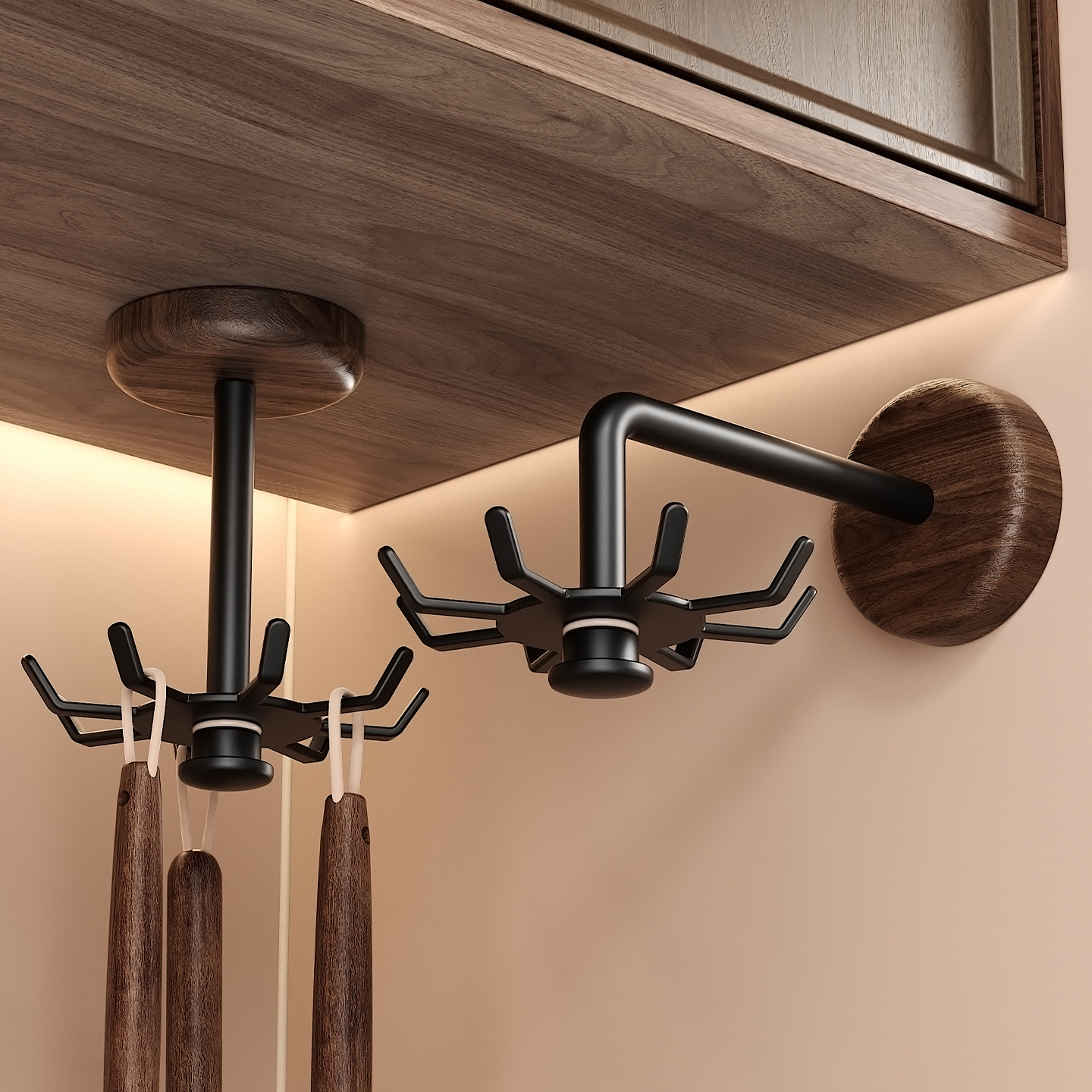 Walnut Kitchen Rotating Hook, Antique Style, Punch-Free Cabinet Wall-Mounted Spatula and Spoon Multi-Functional Storage Rack