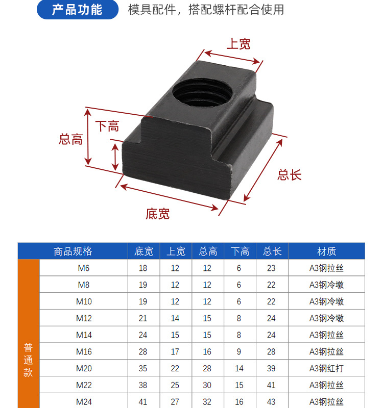 12.9级高强度T型块螺母t型槽螺帽碳钢机床压板配件M6-M30公制英制-阿里巴巴