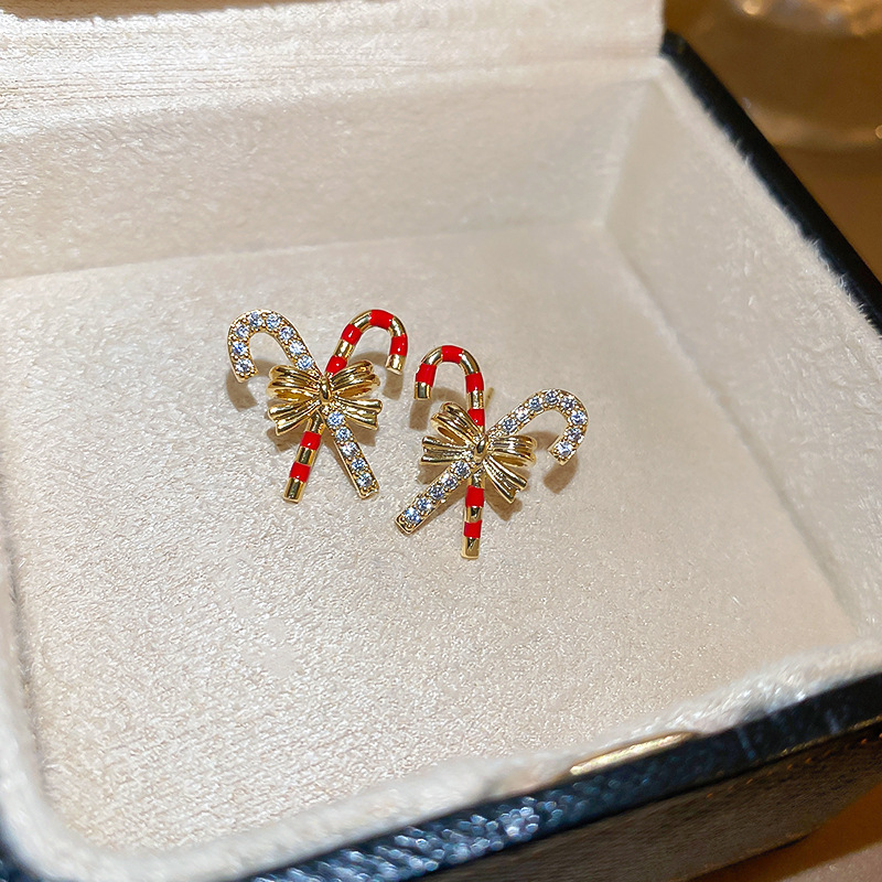 Christmas earrings small cane bow exquisite cute sweet earrings silver needle earrings winter new products_voghion.com