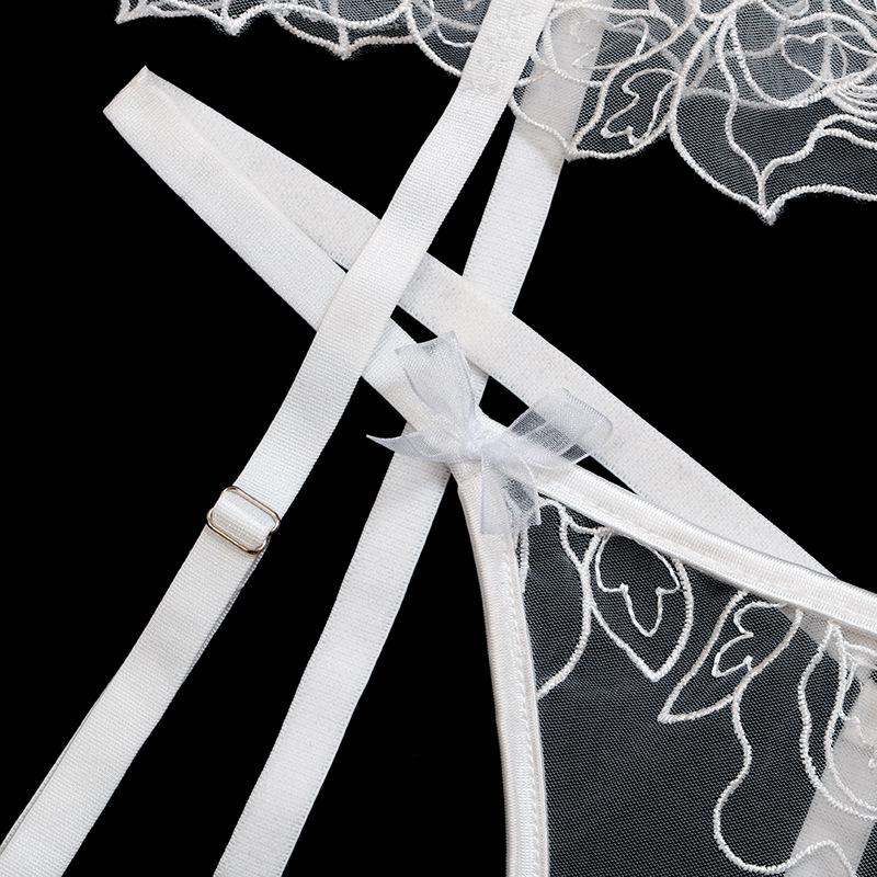 Mesh cross strap garter belt translucent lingerie three-piece set NSWY43653
