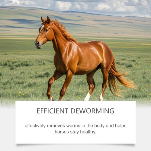 Apple-flavored horse dewormer with mild plant extracts, non-irritating, apple taste, portable package for horse use.