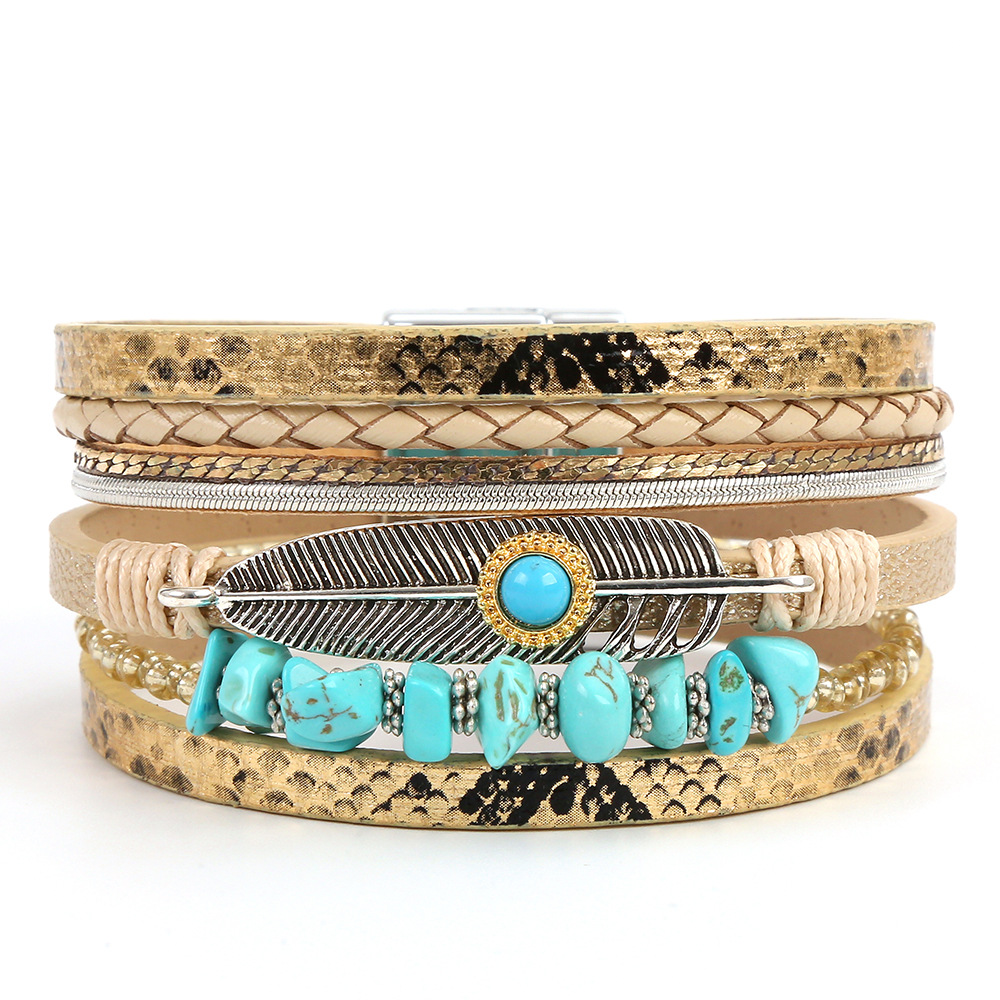 Leather Beaded Bracelet With Boho Feather And Turquoise Charm_voghion.com