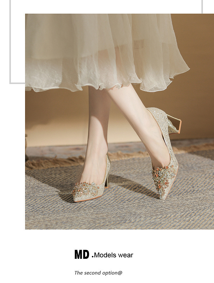 Giày cưới nữ mũi nhọn đính sequin gót dày Jin Gang CH60-50 — Màu sâm panh chi tiết 13