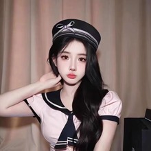 双色蝴蝶结水手帽海军风翻檐帽子复古盆帽学院时尚遮阳防晒贝雷帽